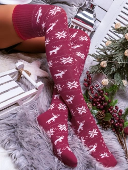 Damskie zakolanówki świąteczne bordowe ZŚ08