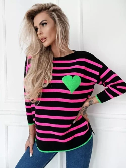 Damski sweter w paski czarno-różowy 102303CR