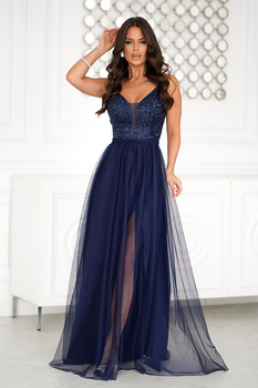 DŁUGA TIULOWA SUKIENKA  NA RAMIĄCZKACH GRANATOWA