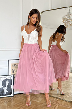 TIULOWA SUKIENKA NA RAMIĄCZKACH 7/8 RÓŻOWA/ECRU