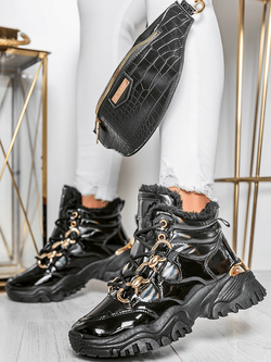 Damskie ocieplane lakierowane buty sportowe czarne HF263