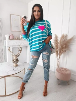 Damski turkusowy sweter w paski 102303T