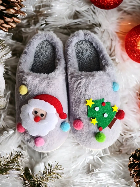 Damskie szare kapcie świąteczne ze Świętym Mikołajem WS9037-26