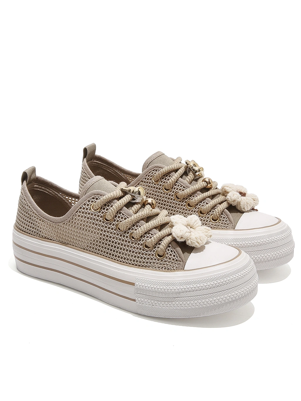 Damskie ażurowe trampki z ozdobami beżowe QY880-63