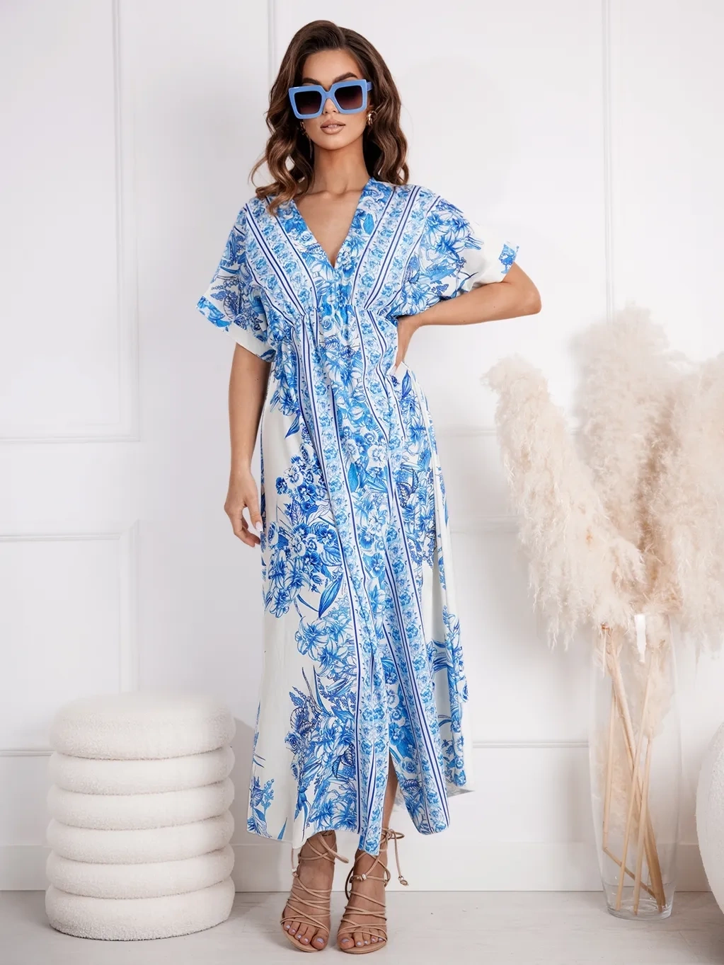 Wzorzysta sukienka maxi z marszczeniem Angelica