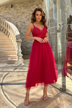 TIULOWA SUKIENKA  NA RAMIĄCZKACH 7/8 MALINOWA