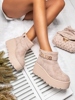 Damskie beżowe botki zamszowe na grubej podeszwie A6600-8