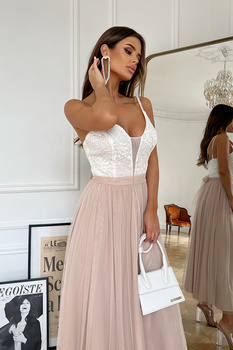 TIULOWA SUKIENKA NA RAMIĄCZKACH 7/8 BEŻOWA/ECRU