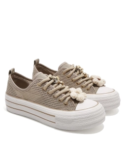 Damskie ażurowe trampki z ozdobami beżowe QY880-63