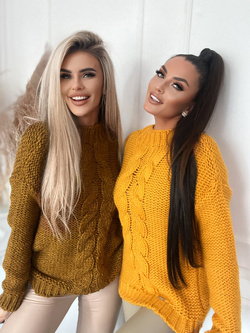 Damski sweter musztardowy melanż z warkoczem 1728MM