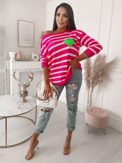 Damski sweter w paski różowy neon 102303RN