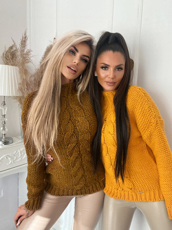 Damski sweter musztardowy melanż z warkoczem 1728MM