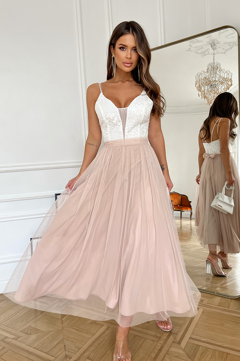 TIULOWA SUKIENKA NA RAMIĄCZKACH 7/8 BEŻOWA/ECRU