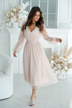 SUKIENKA MIDI Z BROKATOWĄ SIATKĄ BEŻOWA