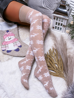 Damskie zakolanówki świąteczne beżowe ZŚ04