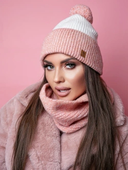 Damski zestaw czapka+komin biało-różowa Kimmy set 009