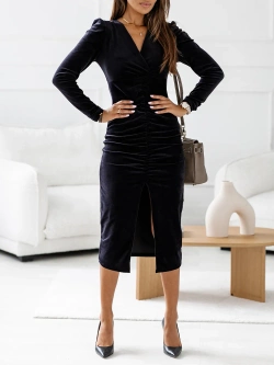 Sukienka welurowa czarna z marszczeniem SD8219C