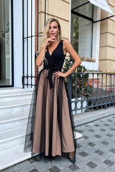 DŁUGA SUKIENKA W GROSZKI CZARNO-BEŻOWA