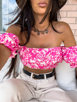 Bluzka Hiszpanka CARLITA print kwiaty - różowe