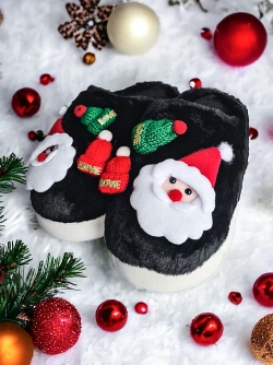 Damskie czarne kapcie świąteczne ze Świętym Mikołajem WS9036