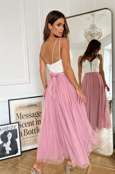 TIULOWA SUKIENKA NA RAMIĄCZKACH 7/8 RÓŻOWA/ECRU