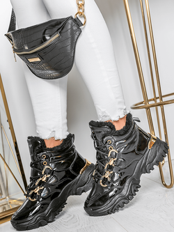 Damskie ocieplane lakierowane buty sportowe czarne HF263