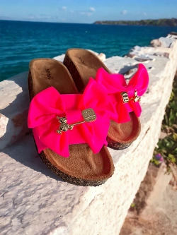 Damskie klapki różowe neonowe z kokardą DZ125-5