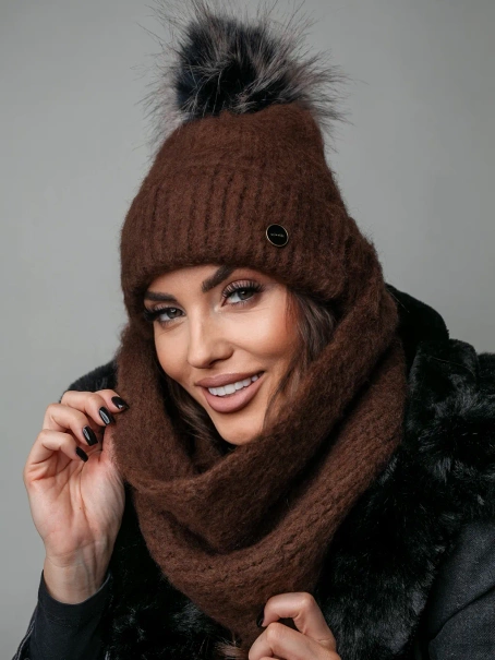 Damski zestaw czapka+komin brązowy Freya set 002