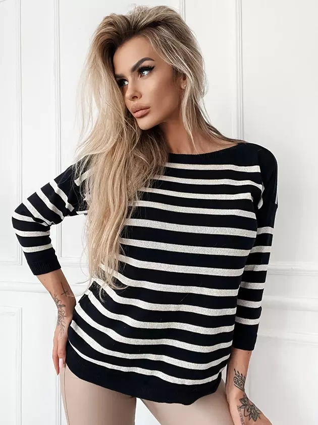 Damski granatowy sweter w paski 102304G