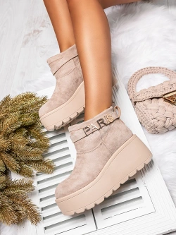 Damskie beżowe botki zamszowe na grubej podeszwie A6600-8