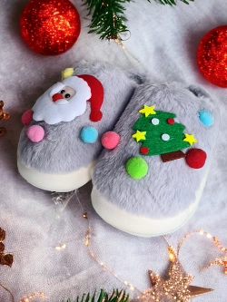 Damskie szare kapcie świąteczne ze Świętym Mikołajem WS9037-26