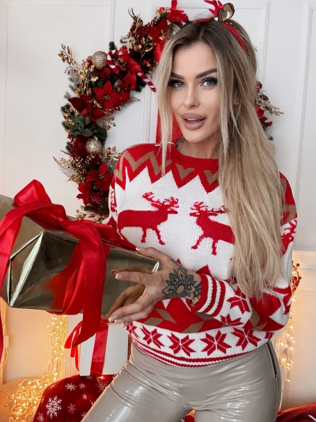 Damski sweter świąteczny czerwono-biały M12-3088BE