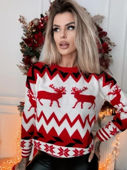 Damski sweter świąteczny czerwono-biały M12-3088C