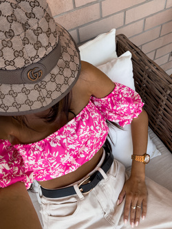 Bluzka Hiszpanka CARLITA print kwiaty - różowe