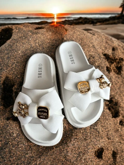 Damskie białe klapki z kokardą na grubej podeszwie WS9056-9