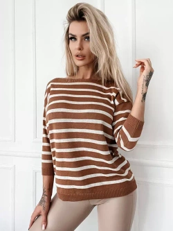Damski camelowy sweter w paski 102304CA