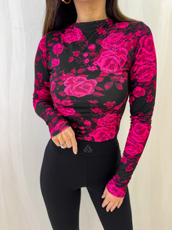 Bluzka SKIN print roses – czarno-fuksja