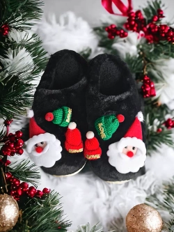 Damskie czarne kapcie świąteczne ze Świętym Mikołajem WS9036