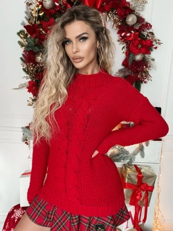 Damski sweter czerwony z warkoczem 1728CZ