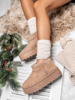 Damskie beżowe śniegowce zamszowe na grubej podeszwie TL242-63