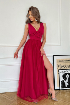 DŁUGA SUKIENKA Z ROZCIĘCIEM NA NODZE MALINOWA