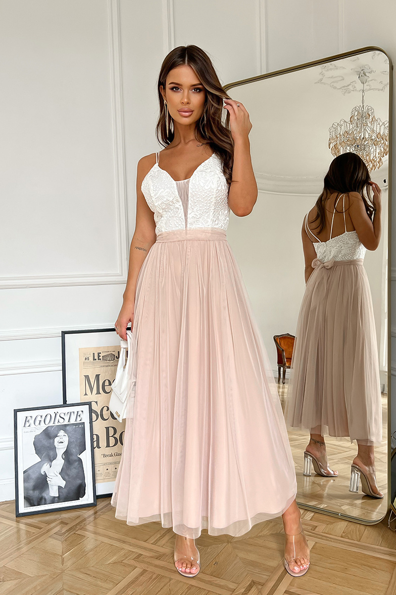 TIULOWA SUKIENKA NA RAMIĄCZKACH 7/8 BEŻOWA/ECRU