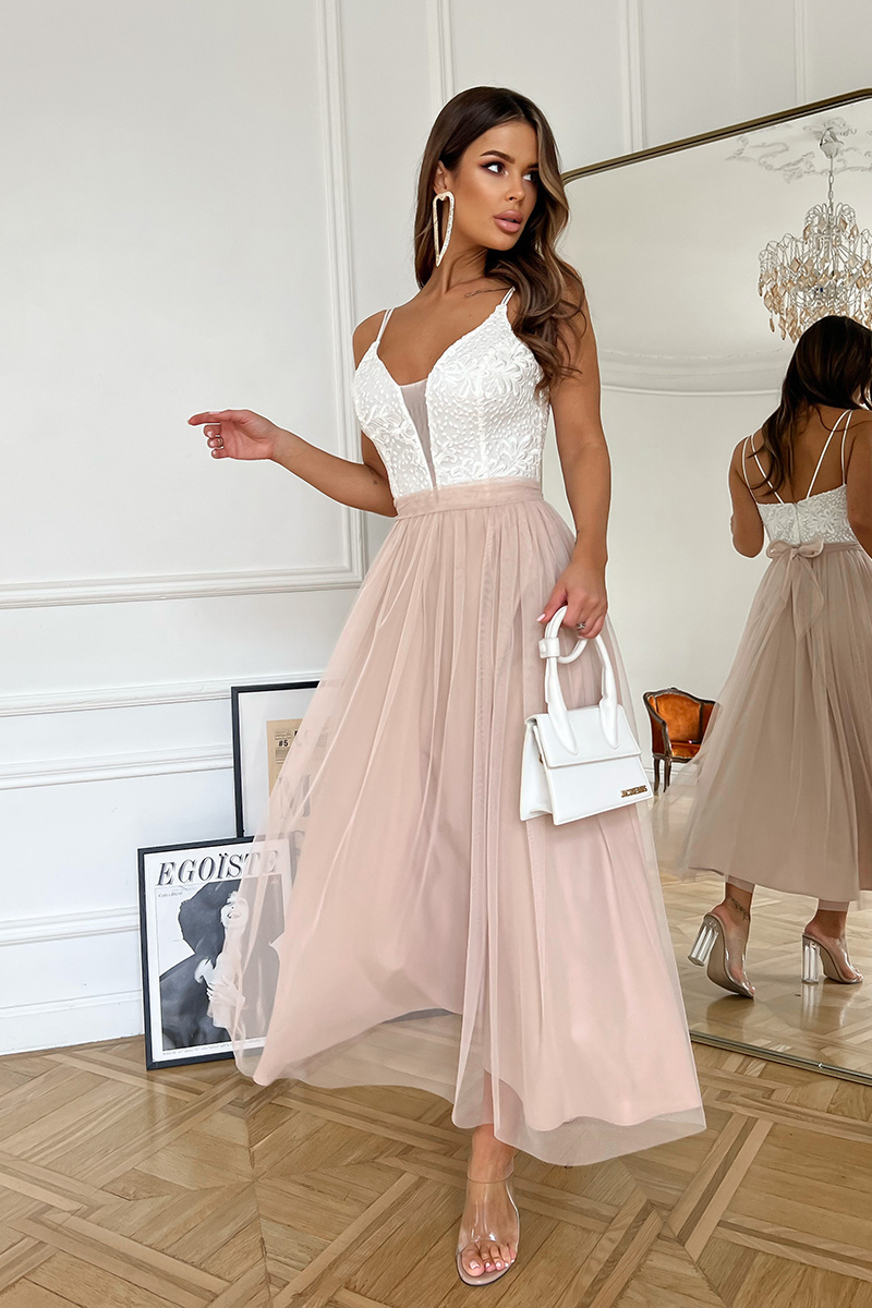 TIULOWA SUKIENKA NA RAMIĄCZKACH 7/8 BEŻOWA/ECRU