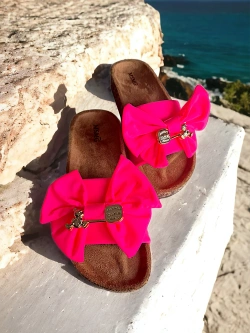 Damskie klapki różowe neonowe z kokardą DZ125-5