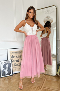 TIULOWA SUKIENKA NA RAMIĄCZKACH 7/8 RÓŻOWA/ECRU