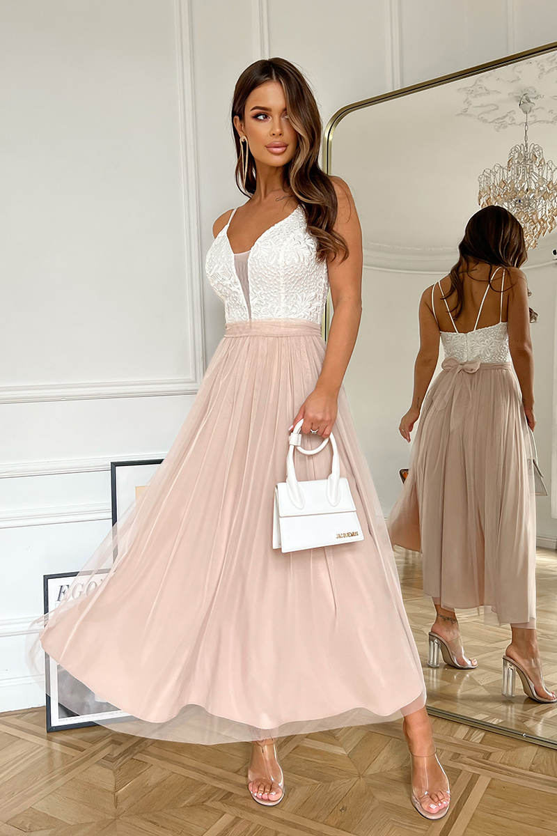 TIULOWA SUKIENKA NA RAMIĄCZKACH 7/8 BEŻOWA/ECRU