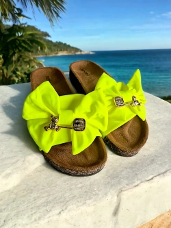 Damskie klapki żółte neonowe z kokardą DZ125-62
