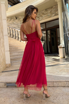 TIULOWA SUKIENKA  NA RAMIĄCZKACH 7/8 MALINOWA