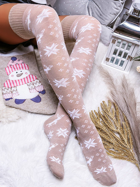 Damskie zakolanówki świąteczne beżowe ZŚ04