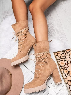 Damskie botki ciemnobeżowe na obcasie A9605-63